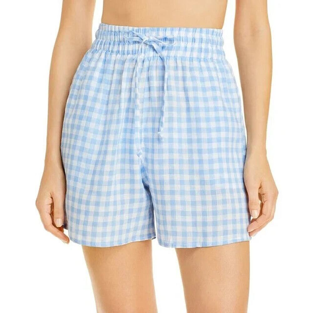 Frankies Bikinis Blue White Gingham Linen Sheer Shorts Small Summer